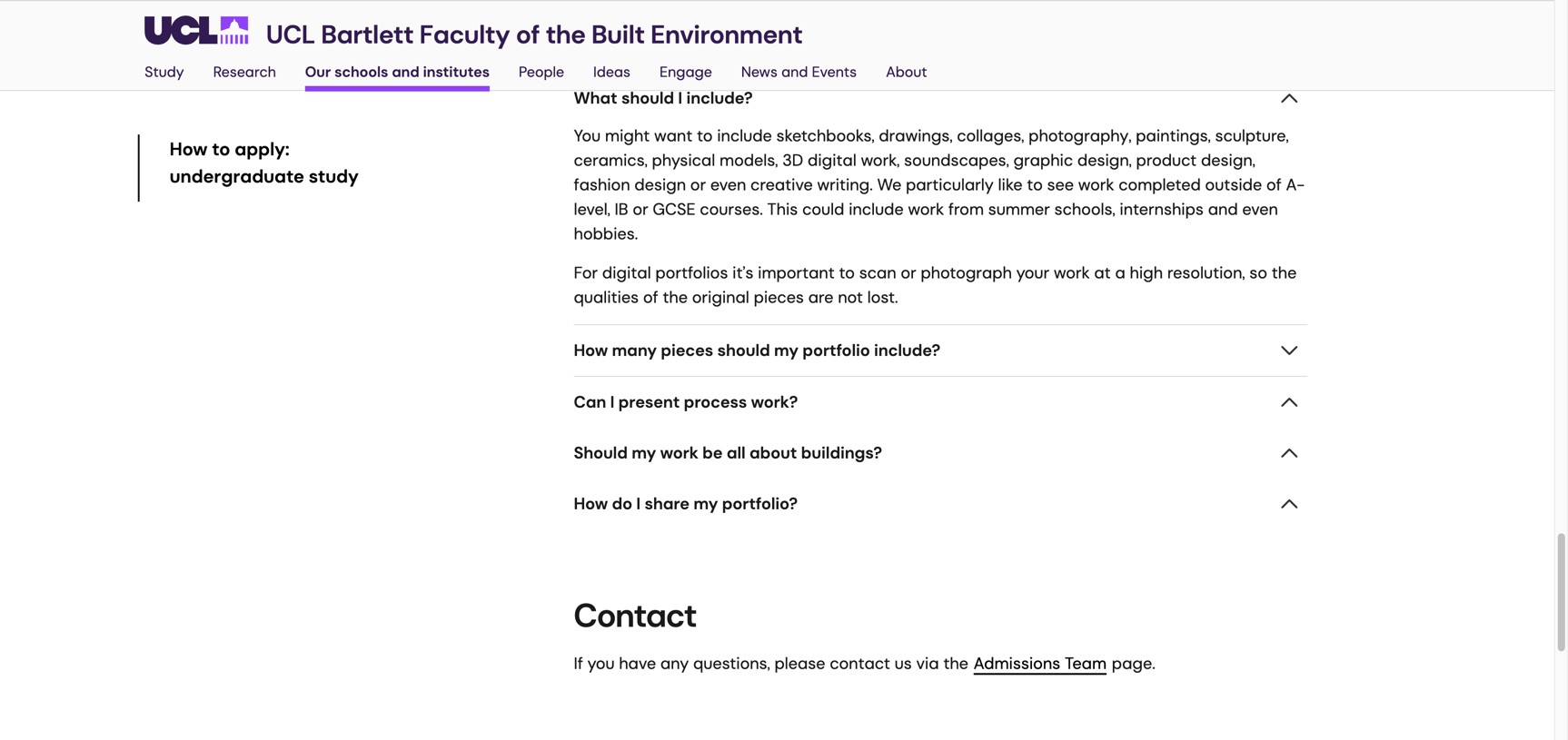 UCL Bartlett官网截图，列出素描、拼贴、摄影、模型、数字三维和产品设计等作品集内容