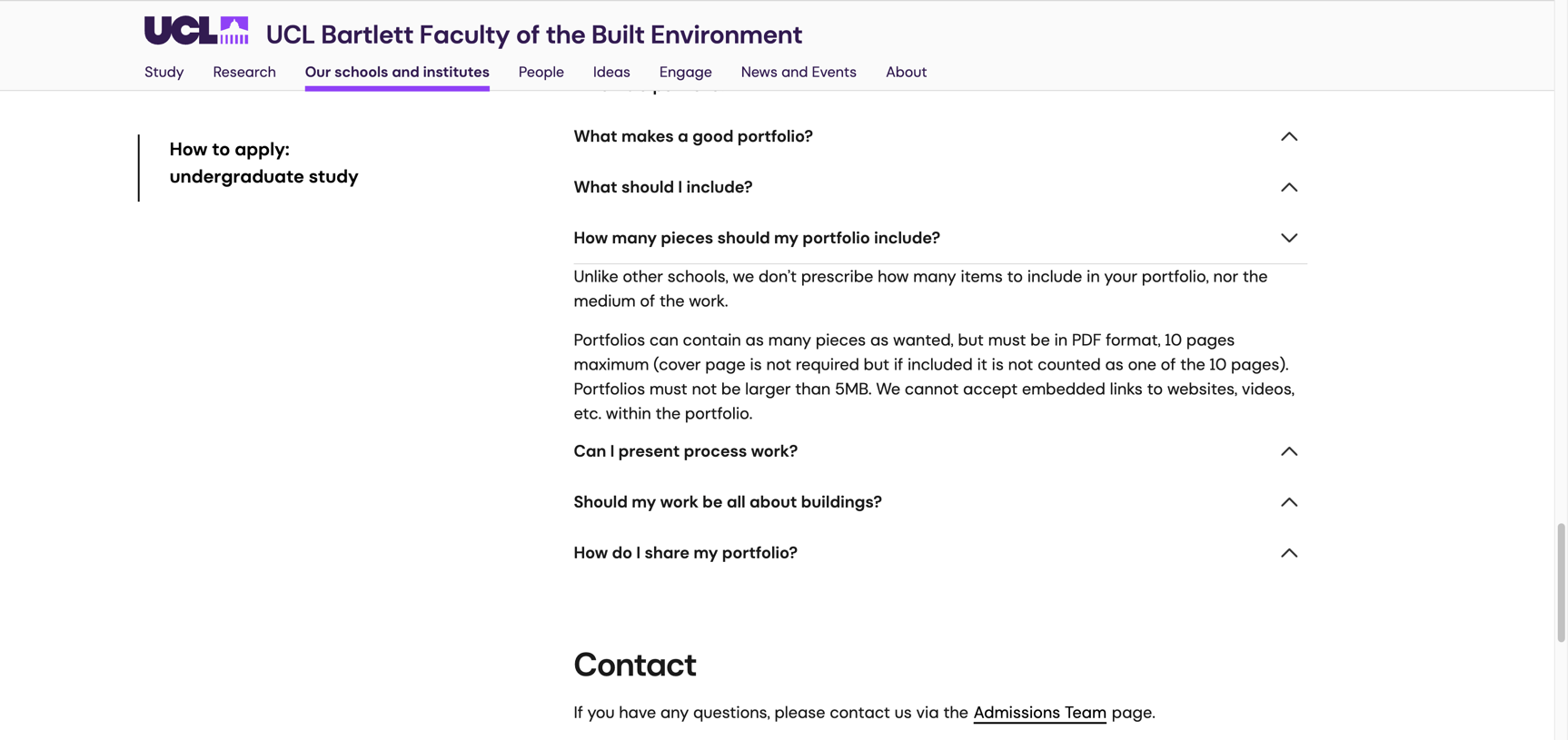 UCL Bartlett本科作品集官网截图，显示PDF最多10页且不超过5MB