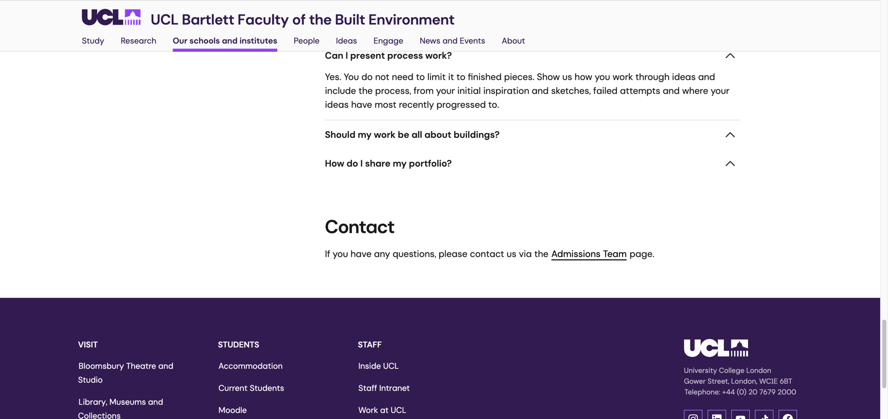 UCL Bartlett官网关于过程稿的说明截图，鼓励展示草图、失败尝试和想法发展